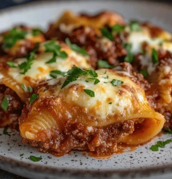 Cheesy Baked Stuffed Shells with Meat Sauce